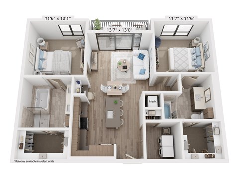 Floor plan for 2 beds, 2 baths, 1131 sqft